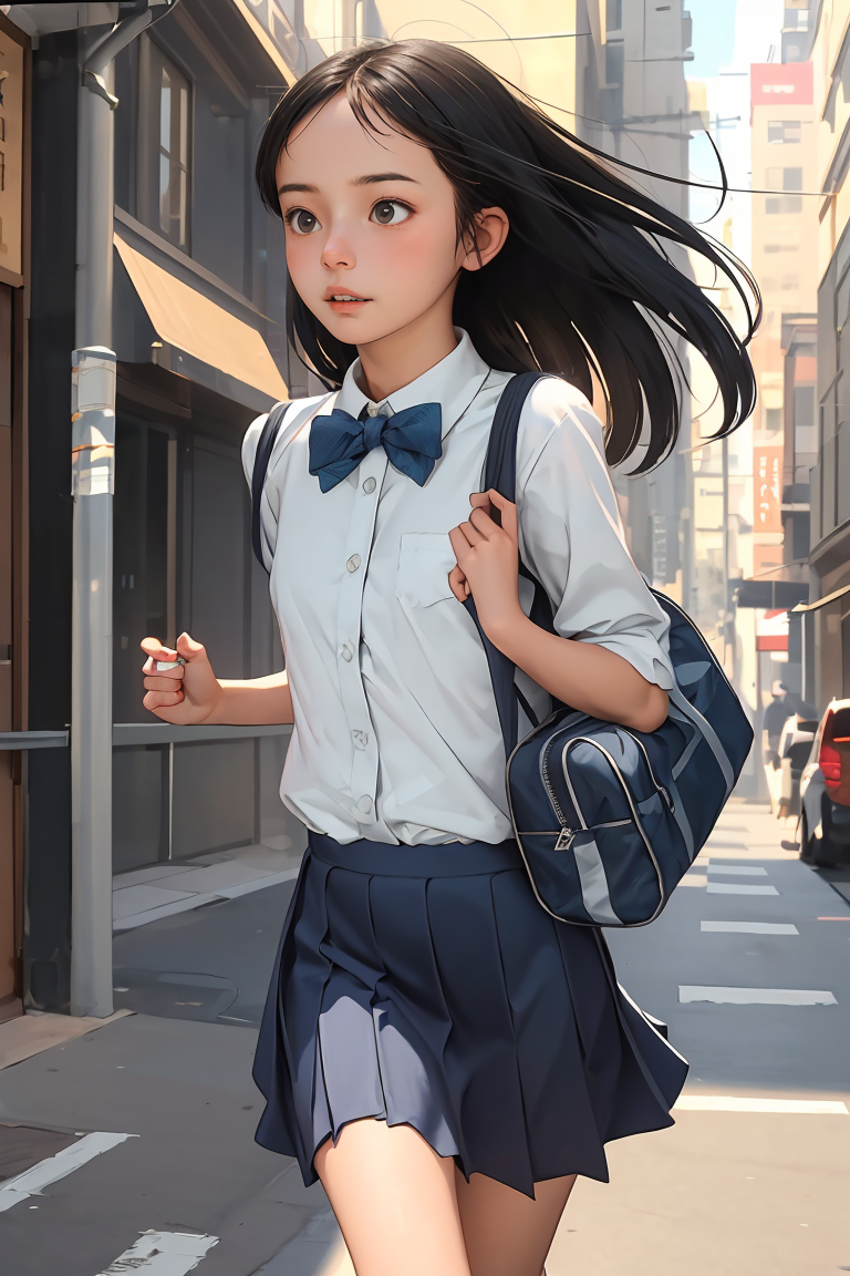 (best quality, masterpiece), 1girl, school uniform, bag, hime cut, running, street, morning, parted lips, wind, embarrassed,